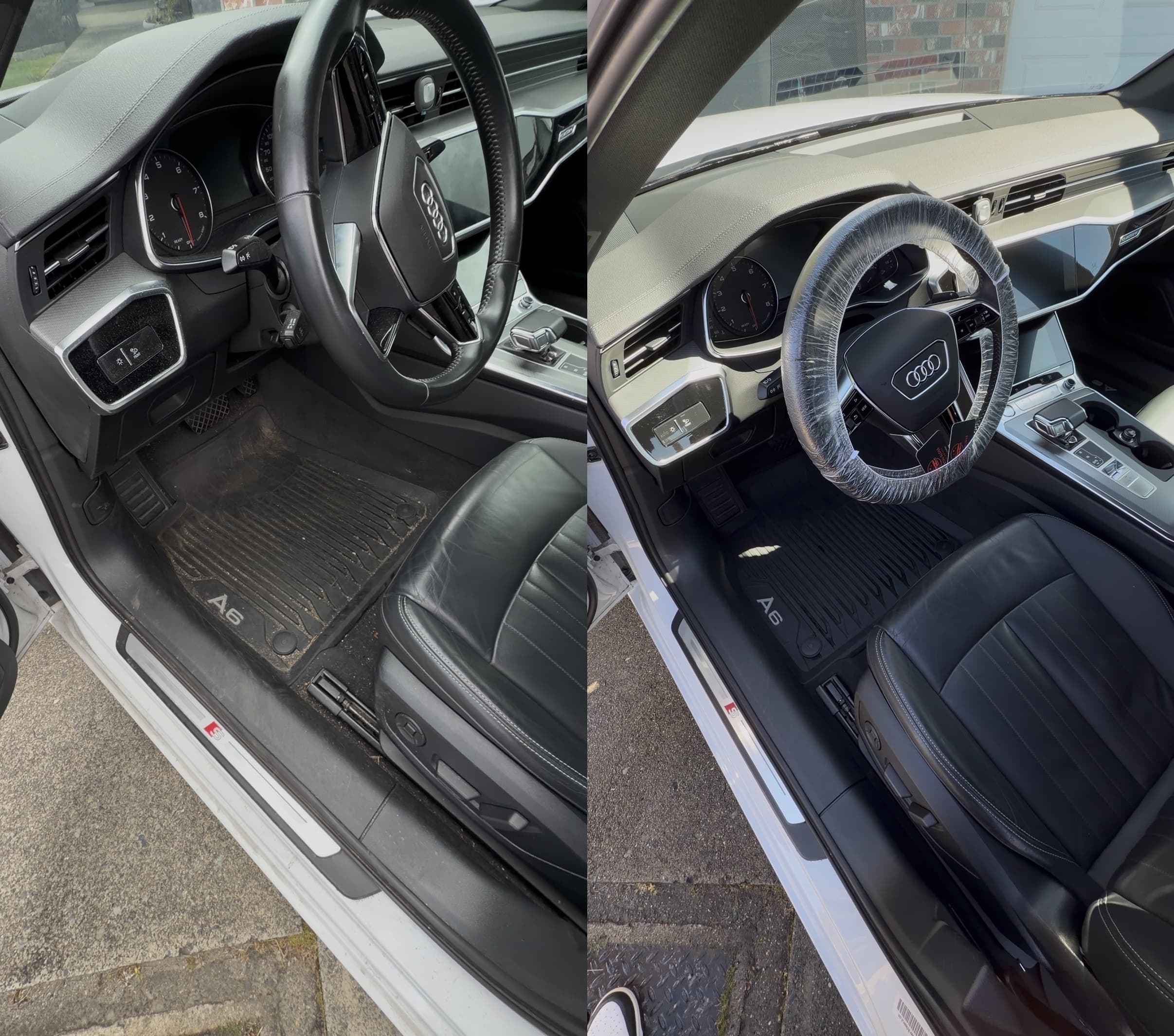 Before and after interior detailing Vancouver — dirty Audi floor mats and leather restored to spotless