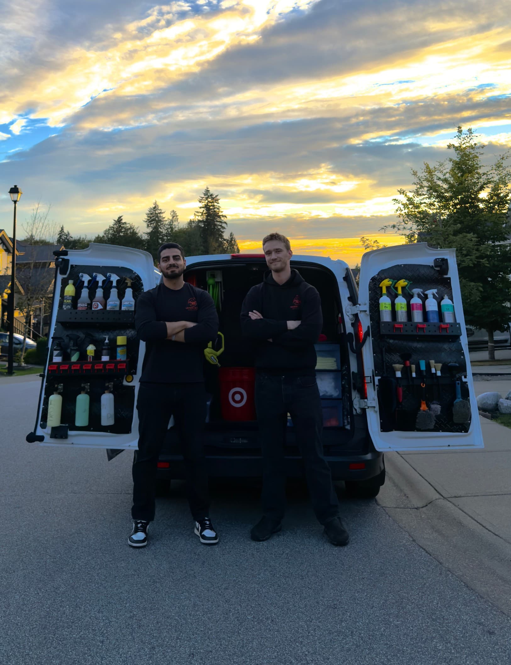 Mahdyar Khoshsafa and Ethan Eddicott, founders of Crystal Gloss Auto Detail, with their fully-equipped mobile detailing van in Vancouver