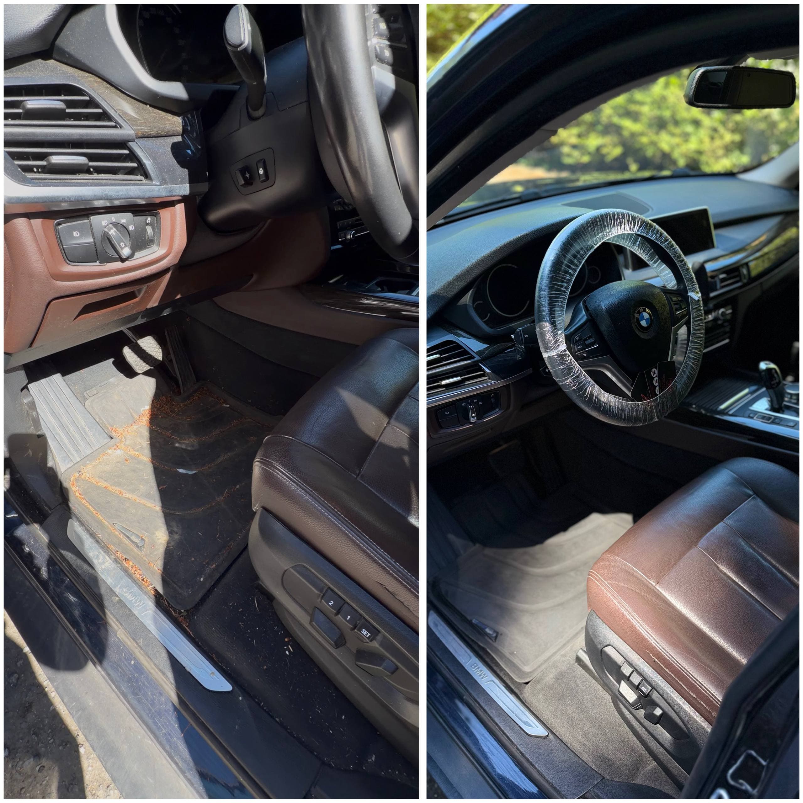 Heavy-condition BMW X5 interior — before and after mobile detail in Vancouver, years of embedded dirt reset