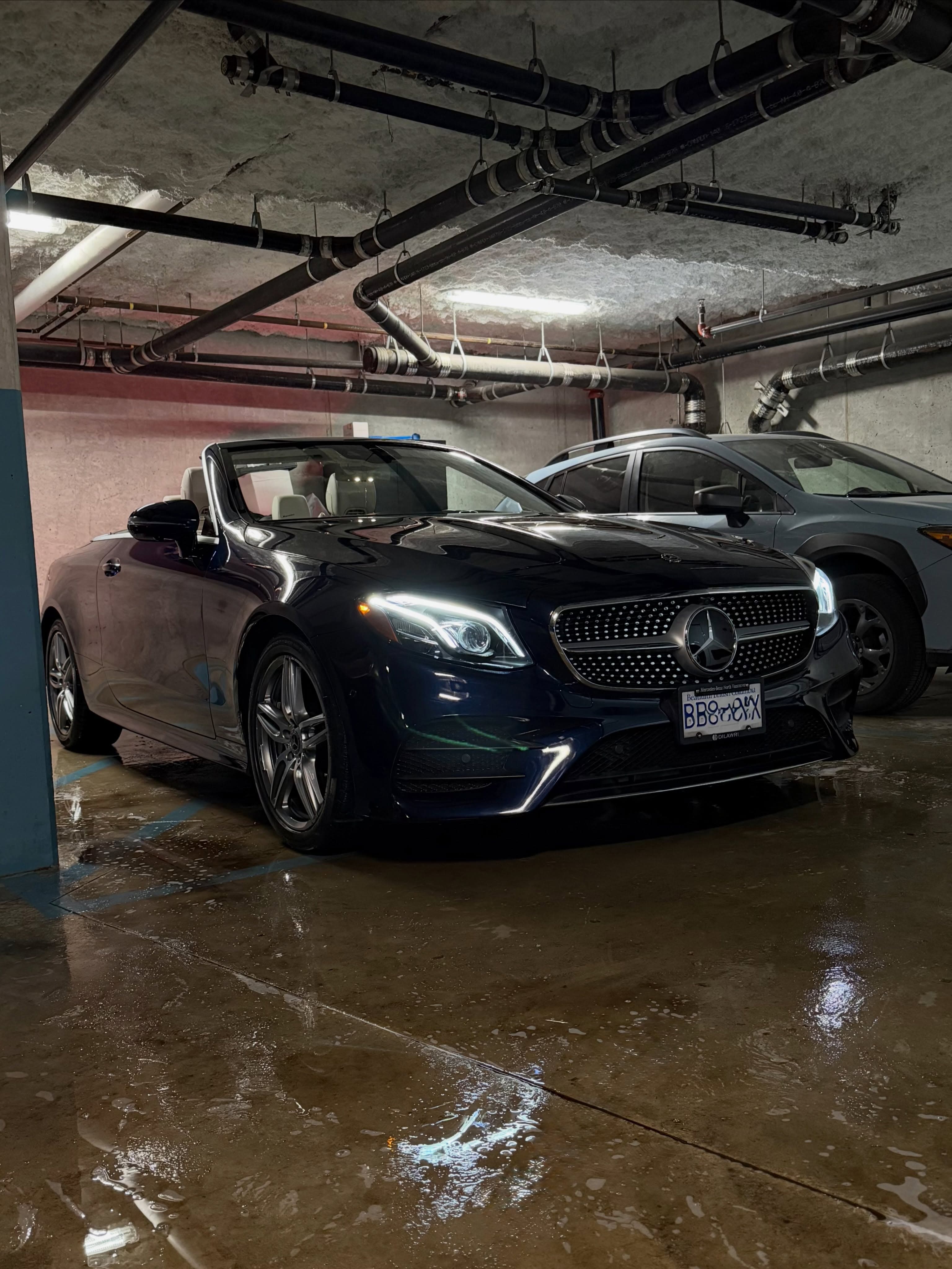 Mercedes-Benz E400 cabriolet mobile detailing in a Vancouver parkade by Crystal Gloss Auto Detail